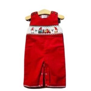 Red Smocked Gnome Christmas Romper Overalls for Kids